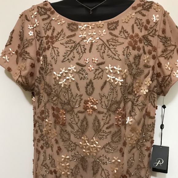 Adrianna Papell Beaded Rose Gold Dress - Size 16 - Picture 2 of 6